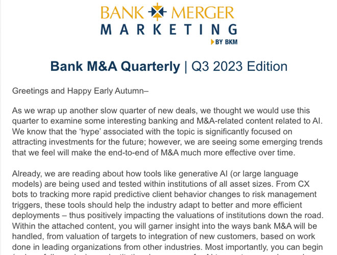 BKM Marketing - Bank Merger Marketing Quarterly Newsletter - Q3 2023