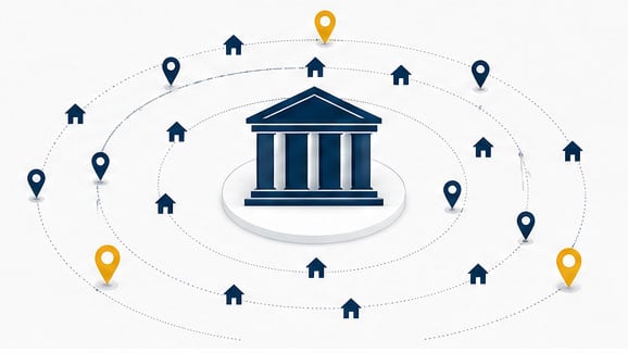 Bank surrounded by expanding rings of household and location markers, showing market expansion for banks with $5–50B in assets | BKM Marketing